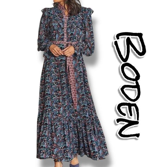 Boden Black Frill Tiered Maxi Dress Cottagecore Prairie Modest Womens Sz 6 - Picture 1 of 13